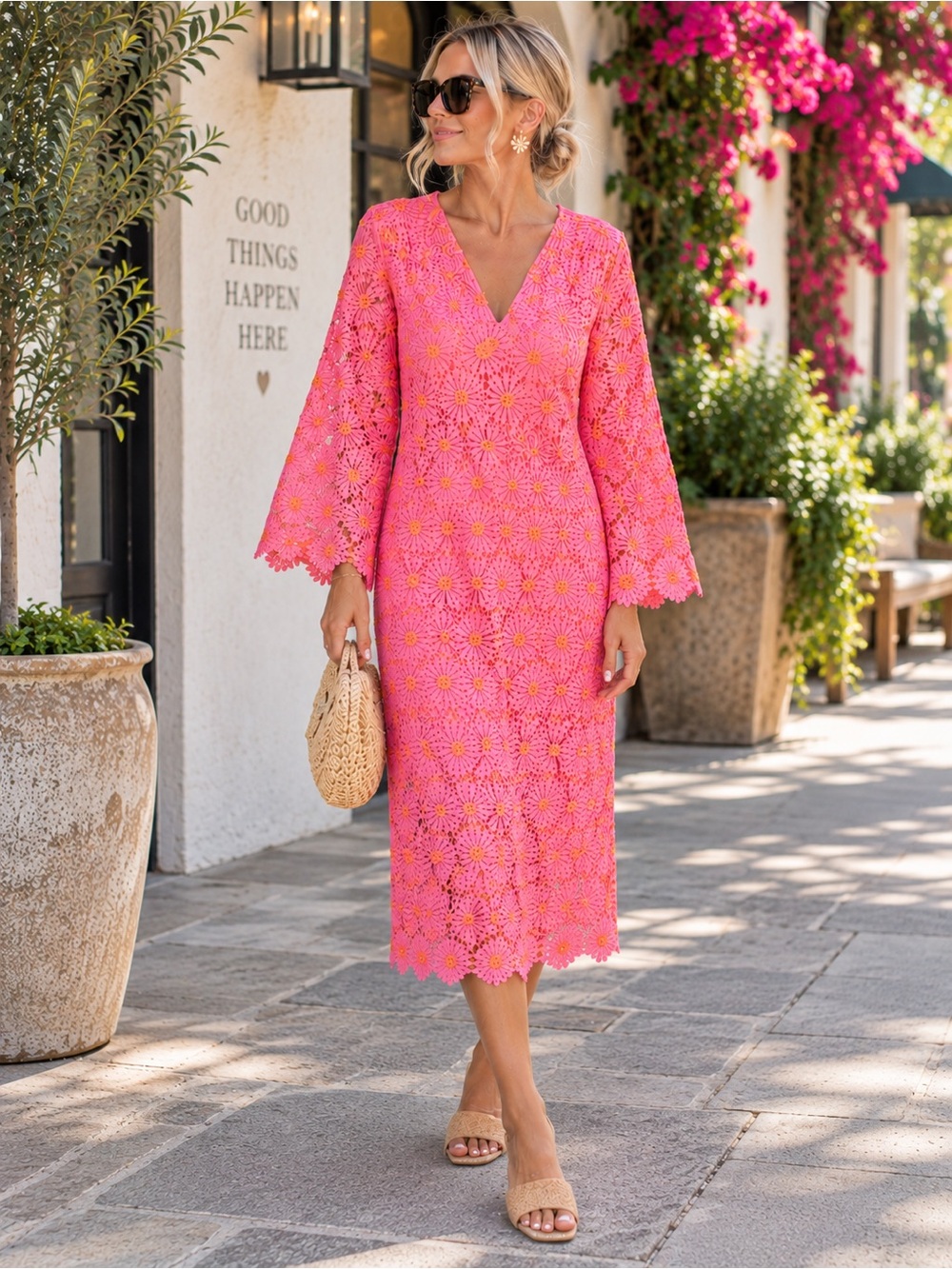 J. Marie Pink Orange Floral Crochet Maxi Dress Medium